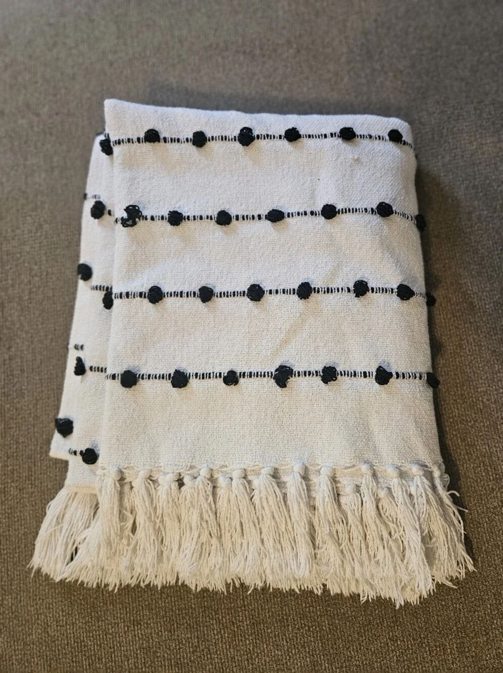 Off-white & Black Woven Cotton Loop Throw Blanket With Fringe